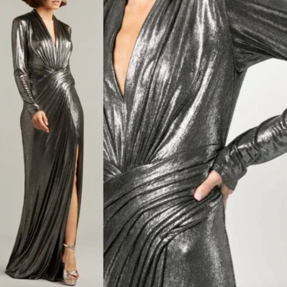 NWT Tadashi Shoji Imanie Draped Lame Metallic Gown Dress Silver Steel Size XXS